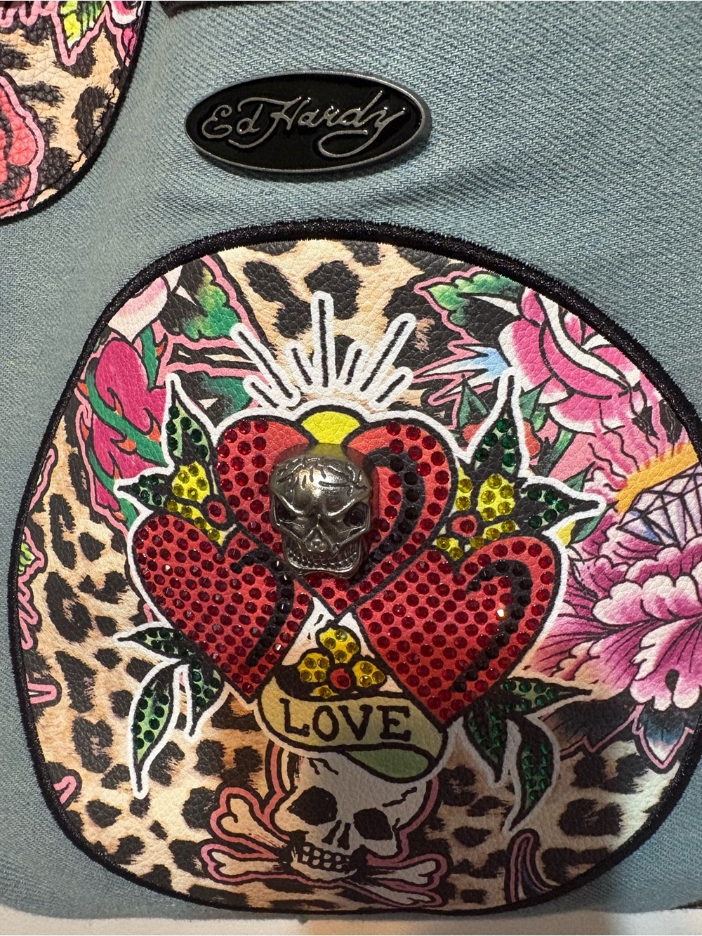Ed Hardy NWOT “LOVE” Large Shoulder Bag Multicolor/Metal Skulls & Flowers. 17x12 - Picture 3 of 16